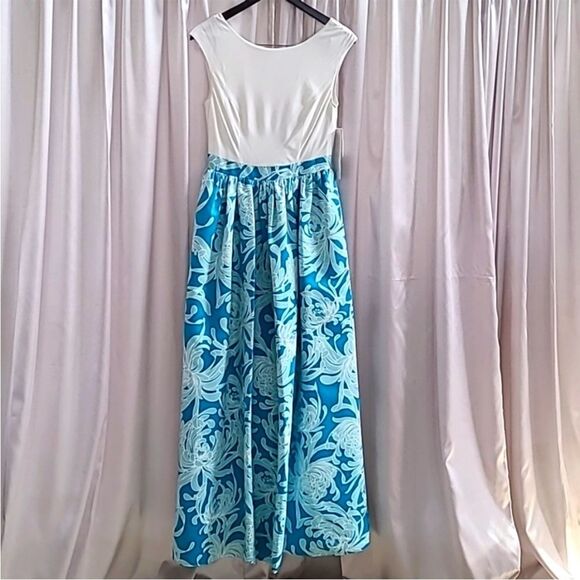 NWT Aidan Mattox White and Blue Formal Dress Size Medium Size 6 - Picture 1 of 7